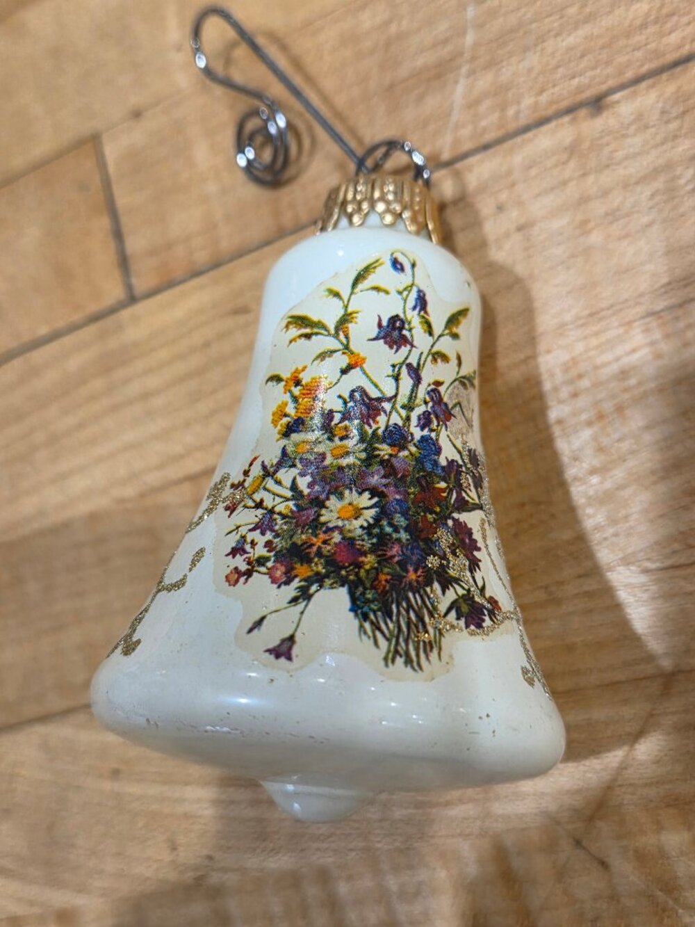 Vintage West Germany Milk Glass Bell Christmas Ornament Wildflower Decal Gold Gl